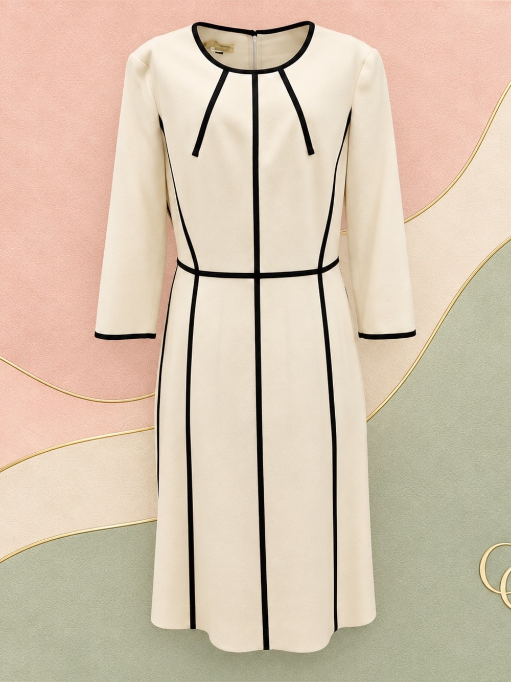 ESCADA Cream Black Piping Virgin Wool Sheath Dress Size 46
